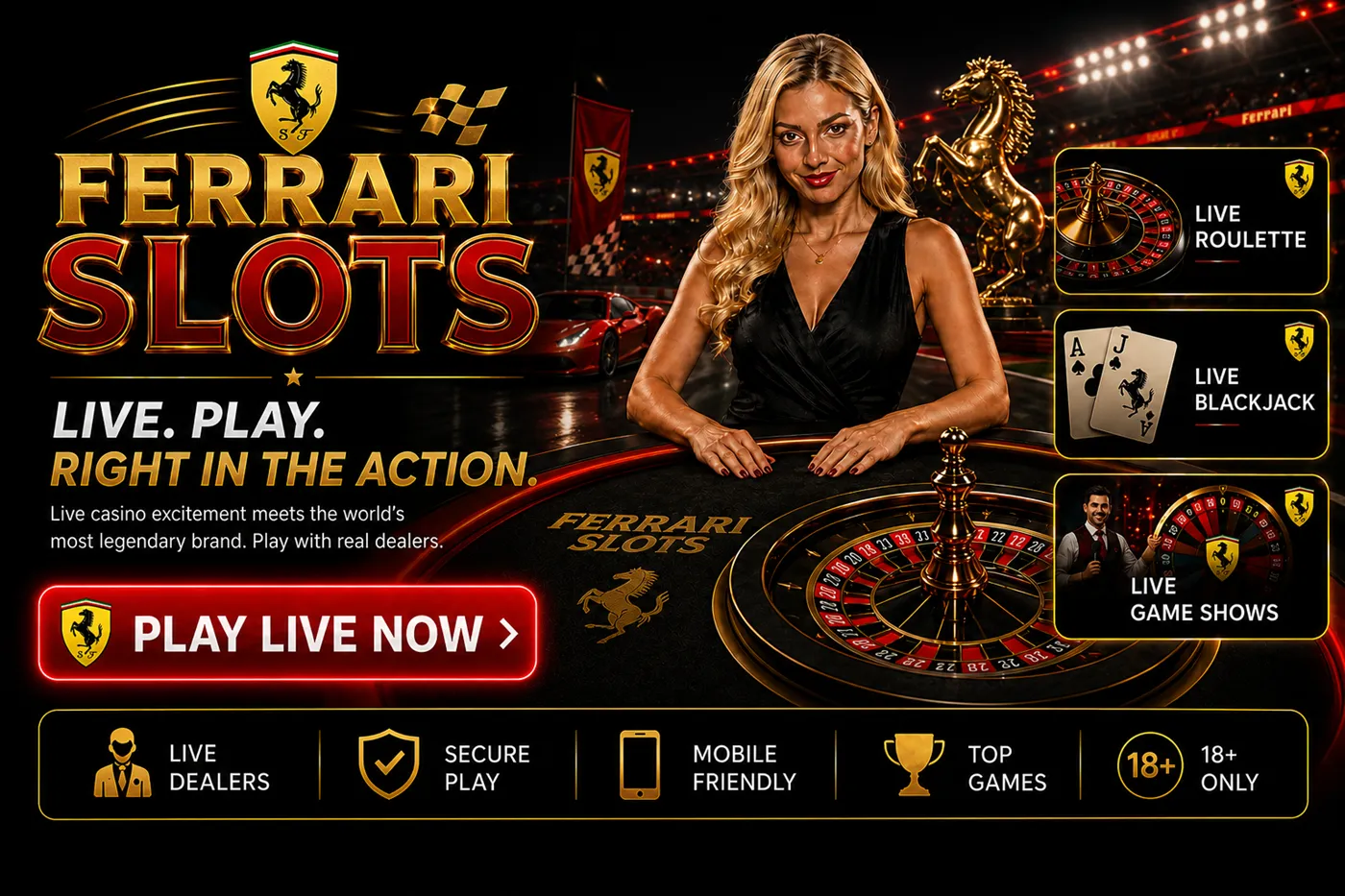 Ferrari Slots live casino with dealer tables, racing-inspired slots and mobile casino games